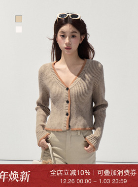 Moxiebabe辣妹复古撞色V领毛衣外套女装冬季坑条单排扣针织衫上衣