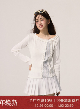 Moxiebabe甜美风小众减龄白色花边长袖针织衫女秋季chic显瘦上衣