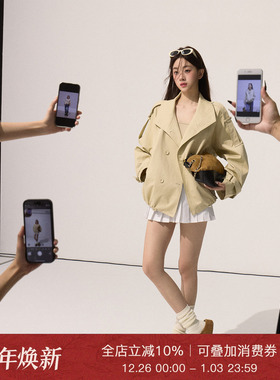 Moxiebabe英伦风翻领宽松风衣外套女装秋季复古休闲显瘦百搭上衣