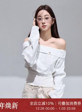 Moxiebabe法式白色一字肩长袖衬衫女秋冬设计感拼接收腰小众上衣