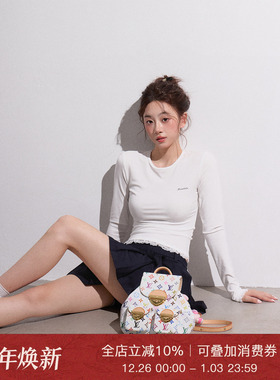 Moxiebabe设计感减龄蕾丝花边长袖T恤女装秋季修身百搭打底衫上衣