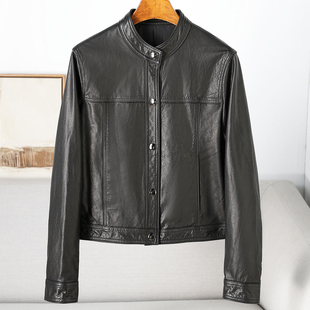 2026年秋新进口油蜡头层小牛皮真皮皮衣女短款 洋气外套立领扣子