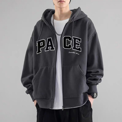 重磅纯棉加绒加厚拉链外套男秋冬