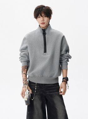 纯黑色半拉链卫衣男春秋款美式重磅立领打底衫高级感痞帅秋季外套