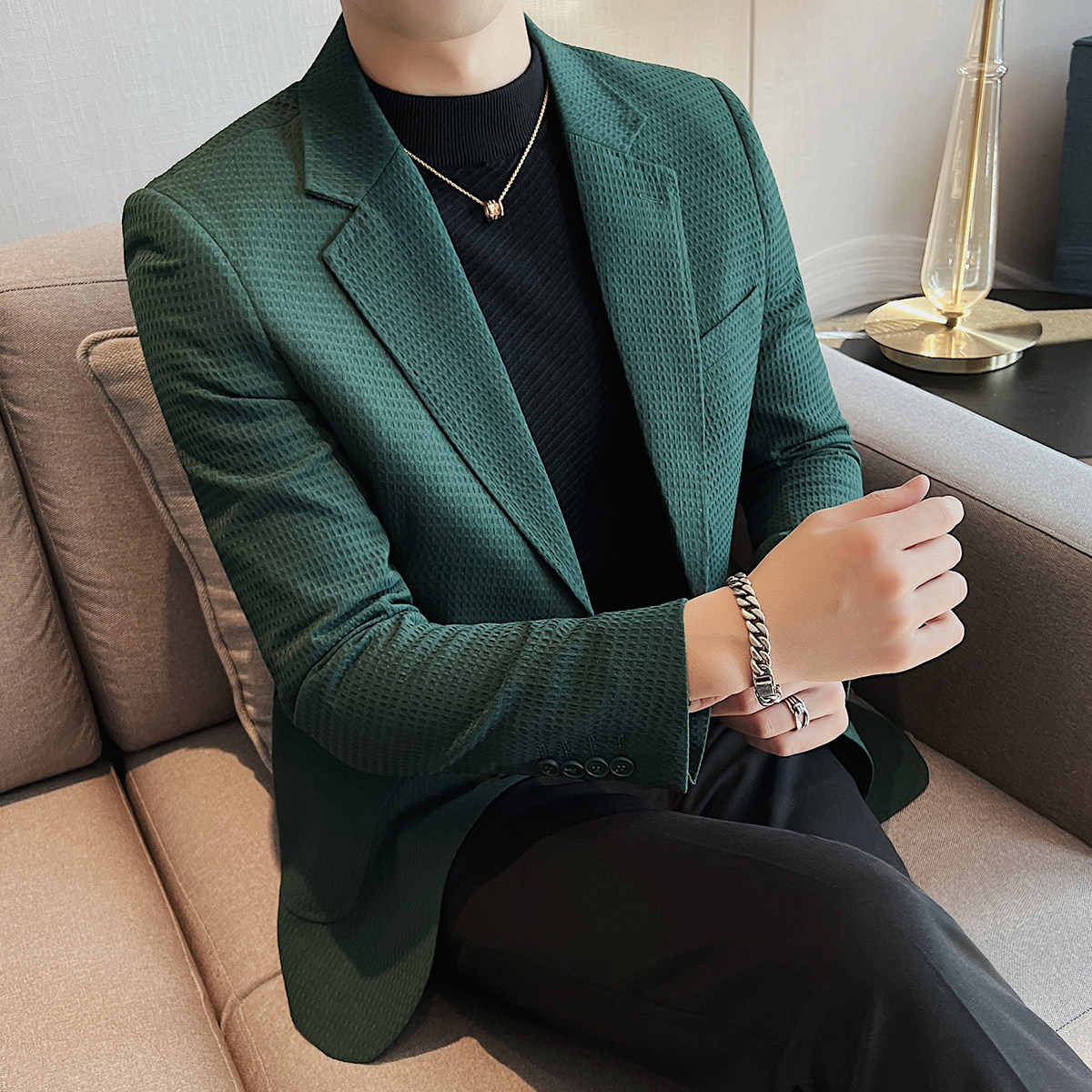 春装男士修身纯色西服英伦型男华夫格单排扣休闲西装青年商务外套