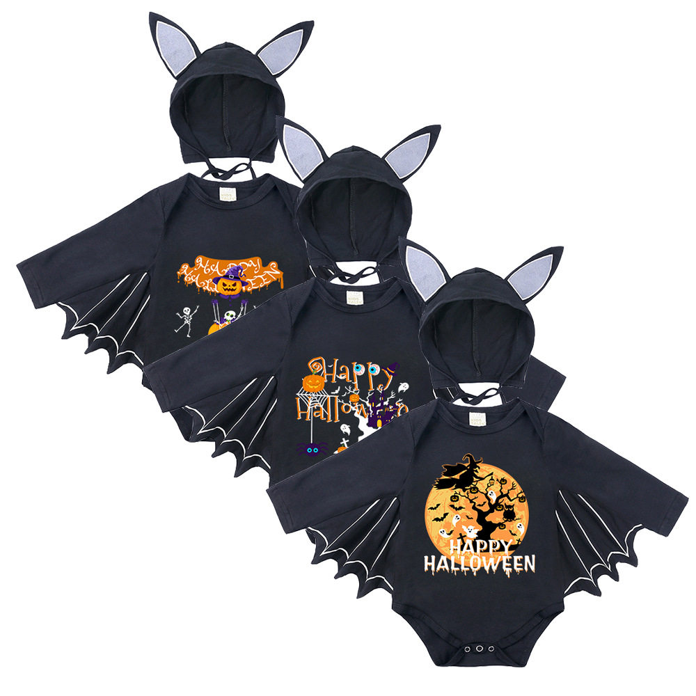春秋韩版长袖婴儿爬服连体衣ins款万圣节印花宝宝哈衣包屁衣+帽子