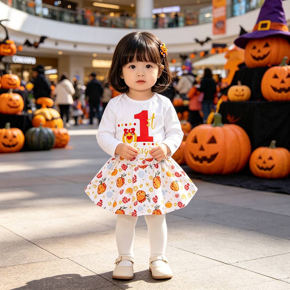 2026欧美风童装感恩节女童南瓜图案印花裙子女宝宝秋季长袖裙套装
