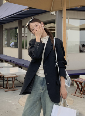 DRIZZLE 黑色西装外套女2025秋季新款宽松复古休闲气质高级感西服