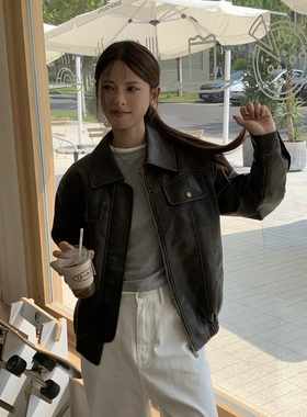 DRIZZLE 棕色皮衣外套女秋季2025新款复古美式宽松做旧机车皮夹克