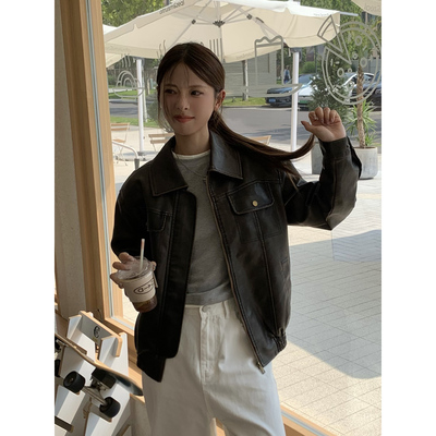 DRIZZLE 棕色皮衣外套女秋季2025新款复古美式宽松做旧机车皮夹克