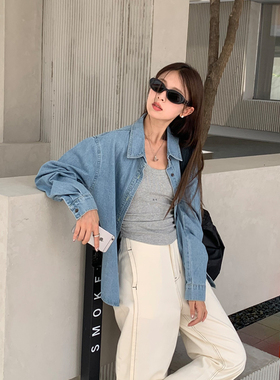 DRIZZLE 蓝色软牛仔衬衫女秋新款叠穿衬衣韩系宽松休闲设计感上衣