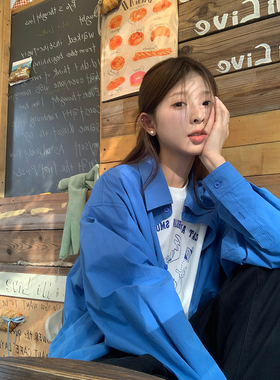 DRIZZLE 蓝色衬衫女秋季2025新款韩系上衣宽松休闲设计感长袖衬衣