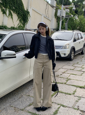 DRIZZLE 美式卡其色工装裤女春秋2025新款休闲裤多口袋直筒阔腿裤