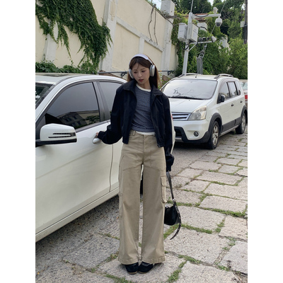 DRIZZLE 美式卡其色工装裤女春秋新款休闲裤多口袋窄版直筒阔腿裤