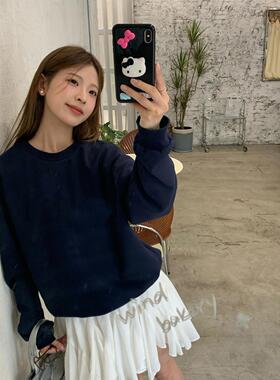 DRIZZLE 藏蓝色圆领卫衣女春秋新款韩系宽松纯色上衣简约休闲百搭