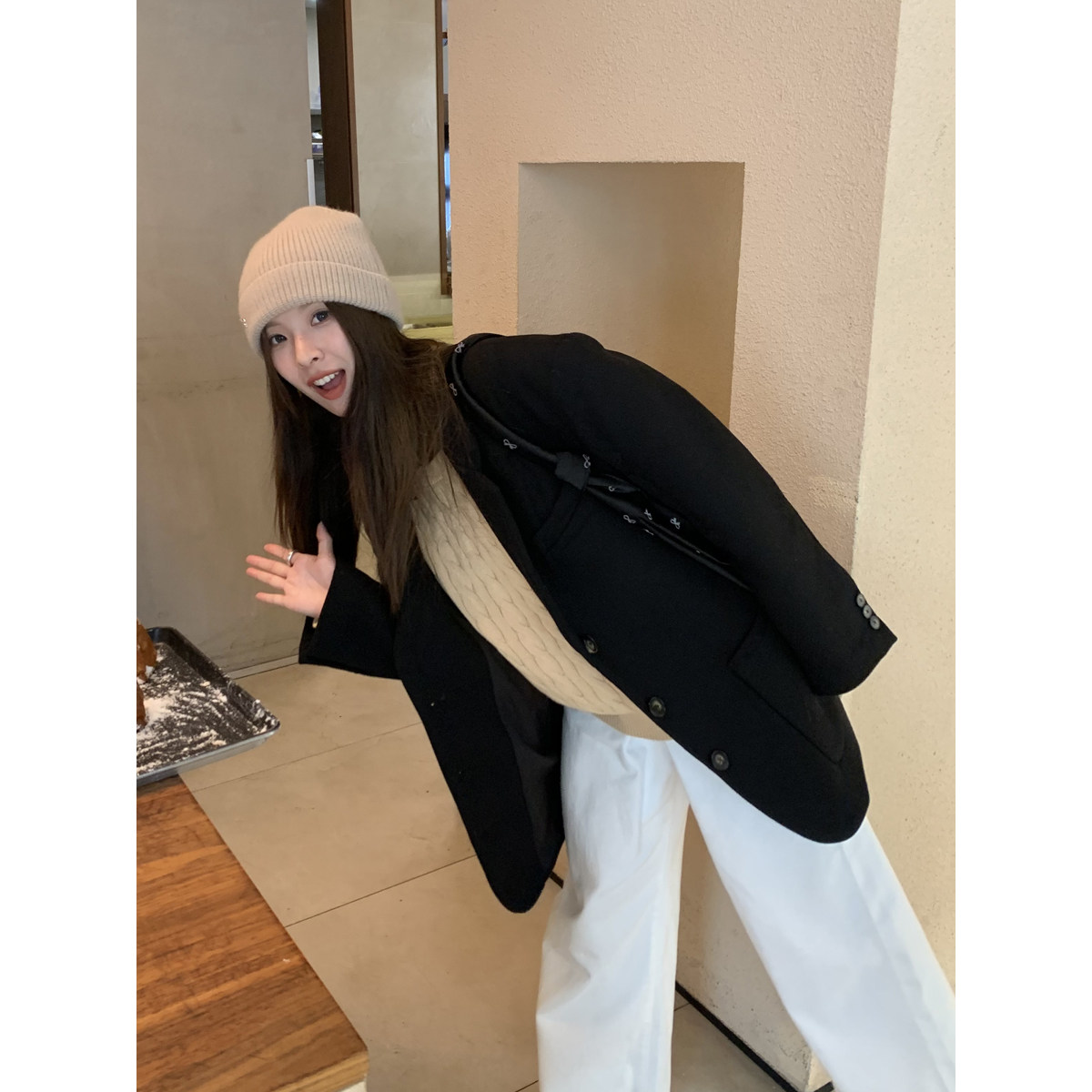 DRIZZLE黑色毛呢西装外套设计感