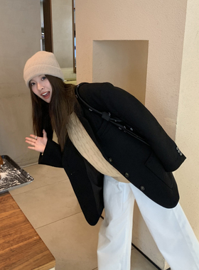 DRIZZLE 黑色毛呢西装外套女秋冬2025新款设计感夹棉加厚羊毛西服