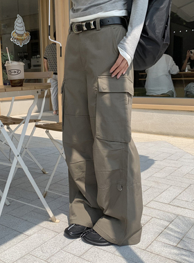 DRIZZLE 咖绿色工装裤女秋冬新款裤子多口袋宽松防风设计感长裤