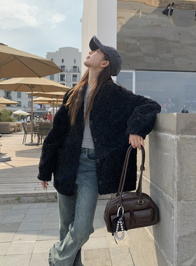 DRIZZLE 韩系宽松黑色羊羔毛外套女秋冬皮草短款大衣加厚皮毛一体