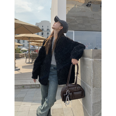 DRIZZLE黑色羊羔毛外套皮毛一体