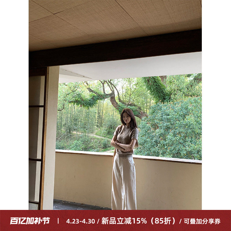 Cactishop奶油杏 简约竖纹双口袋直筒休闲裤女宽松显瘦设计款长裤