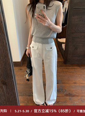 Cactishop老钱拍档 白色口袋牛仔裤女宽松显瘦阔腿拖地休闲裤
