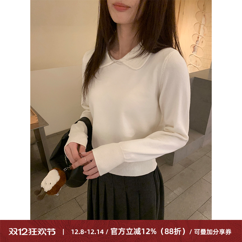 娃娃领收腰显瘦针织衫女长袖短款