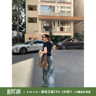 女宽松直筒阔腿裤 Cactishop舒适入夏 复古水洗竹节纹设计牛仔裤