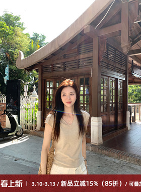 Cactishop舒芙蕾 莱赛尔羊毛V领卷边短袖T恤女2026夏新款休闲上衣