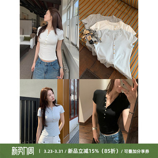 显瘦T恤百搭上衣 女纯色正肩修身 Cactishop白女系 亨利领纽扣短袖
