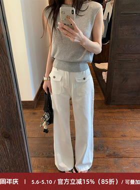 Cactishop老钱拍档 白色口袋牛仔裤女宽松显瘦阔腿拖地休闲裤