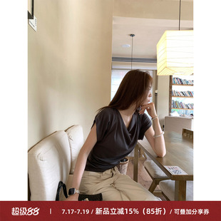 Cactishop高智感 荡领褶皱短袖T恤女修身显瘦收腰设计感别致上衣
