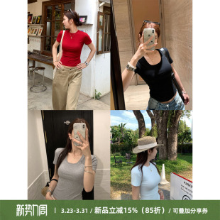短袖 圆领u领百搭纯色修身 女简约正肩T恤上衣 本 Cactishop主推双版