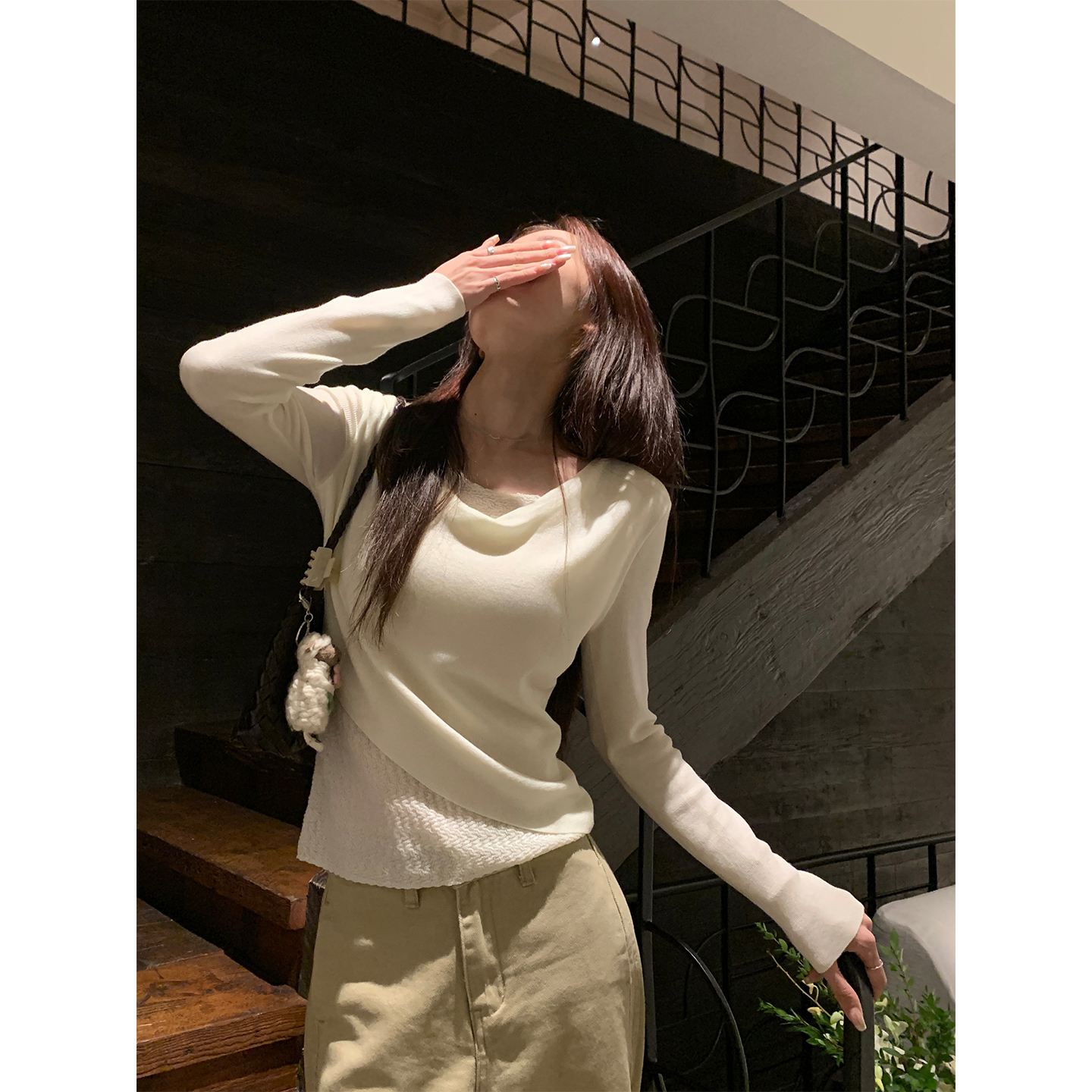 韩系氛围感荡领针织衫女假两件