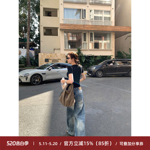 复古腔调感浅蓝色宽松阔腿牛仔裤