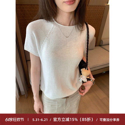 韩系亚麻插肩袖卷边短袖女简约