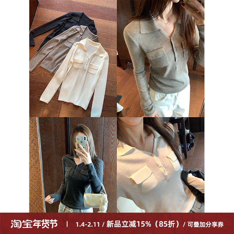 Cactishop高智老钱 简约亨利羊毛口袋针织衫女气质polo领长袖上衣