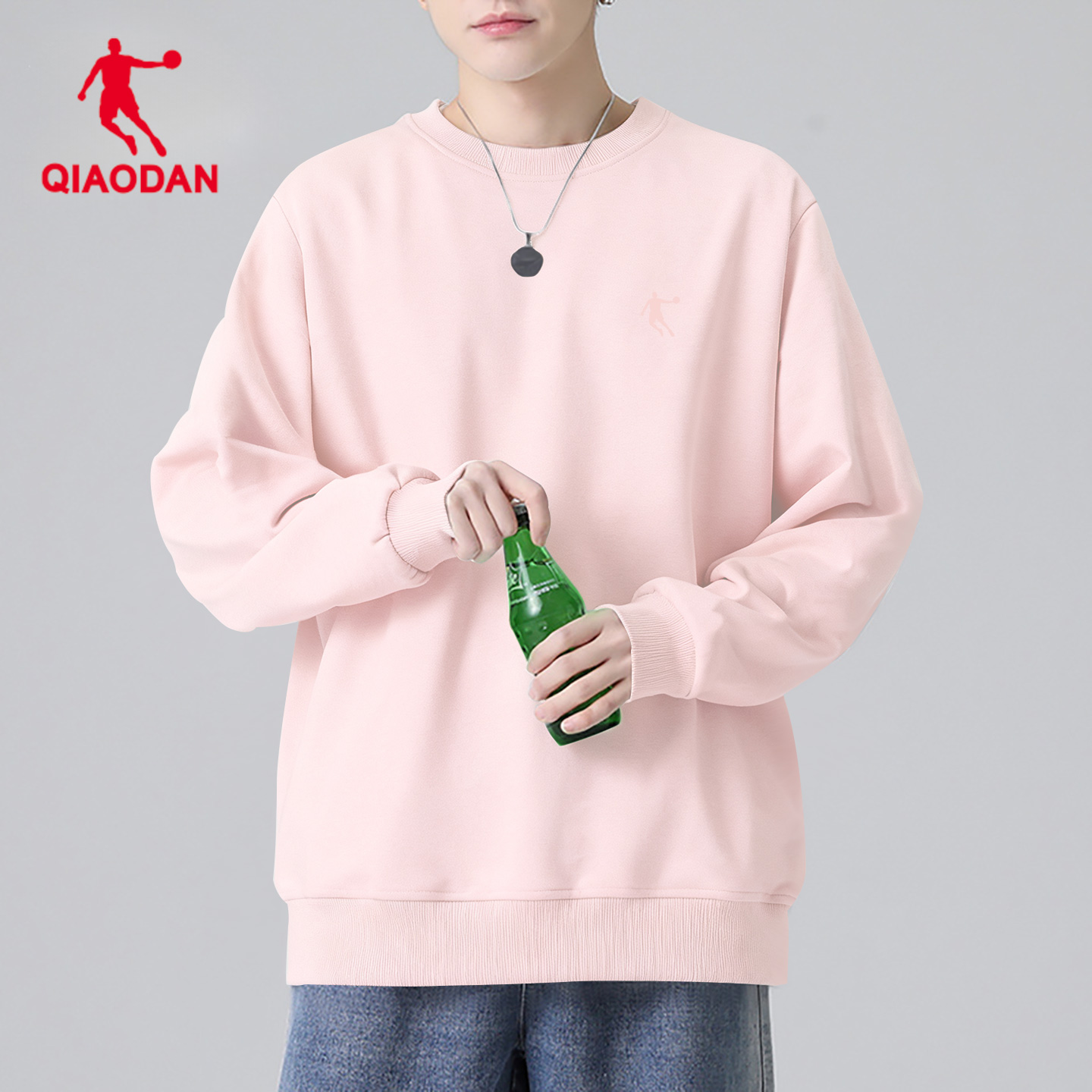 乔丹粉色卫衣男款秋冬季青少年圆领套头衫宽松大码休闲运动长袖T
