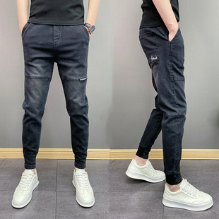 秋冬季 黑灰色牛仔裤 束脚哈伦裤 子痞帅修身 新款 小脚休闲裤 潮流男士