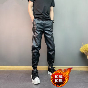 冬季加绒加厚外卖骑手休闲裤痞帅PU机车防风防雨男士修身束脚皮裤