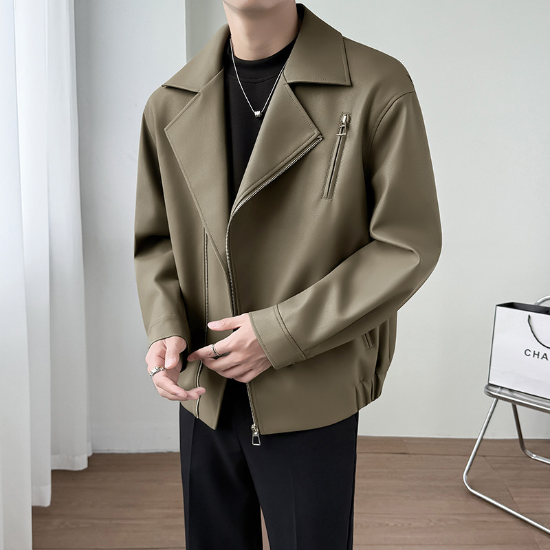 模特图~春季加厚软皮斜拉链翻领设计机车服夹克外套K8810/P118，男装夹克，电商B331