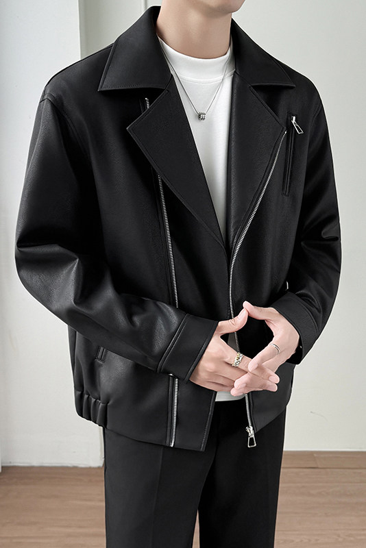 模特图~秋季加厚软皮斜拉链翻领设计机车服夹克K8810/P118,男装夹克,电商B331