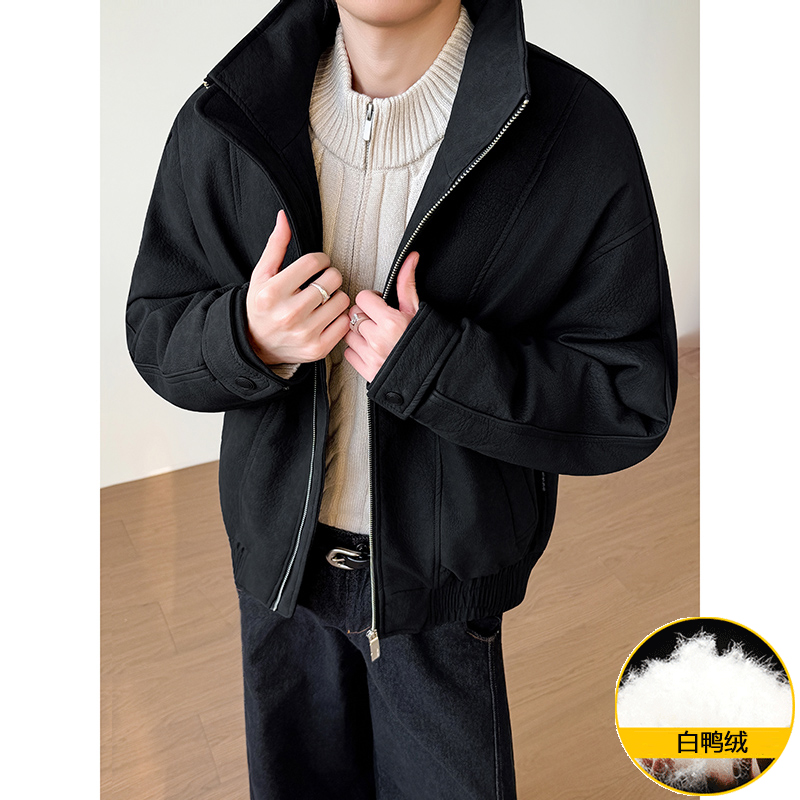 模特图~新标90白鸭绒美式PU皮立领羽绒服外套E127/P268，男装羽绒服，电商B331