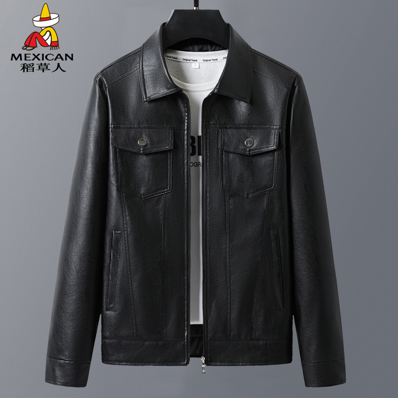 稻草人真皮皮衣男翻领夹克