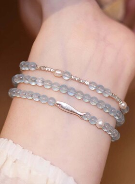 天然蓝玉髓手串手链女新中式切面白水晶转运珠国学手链多圈