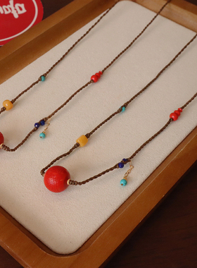 天然高含量朱砂水飞砂转运珠心经莲花多宝蜜蜡绿松编绳项链毛衣链