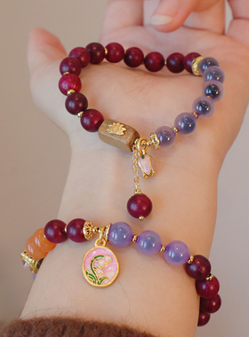 天然蓝紫色糖心玛瑙手链紫苏木串珠手饰小众设计甜美可爱甜美手链