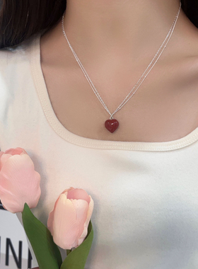 s925纯银日韩安可拉红色爱心双层项链女新年红红火火气质锁骨链女