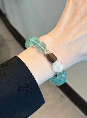 【薄荷奶绿】12mm天然冰透绿萤石手链国风沉香木白阿萨女送礼手串