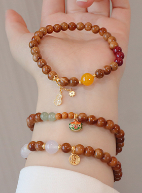 国潮天然库克手串女纯银配件木质佛念珠蜜蜡和田玉文玩手链饰品